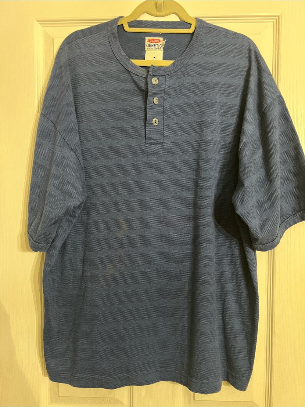 Vintage Genetic Jeans Short Sleeve Textured Striped Henley Shirt Mens Large Blue